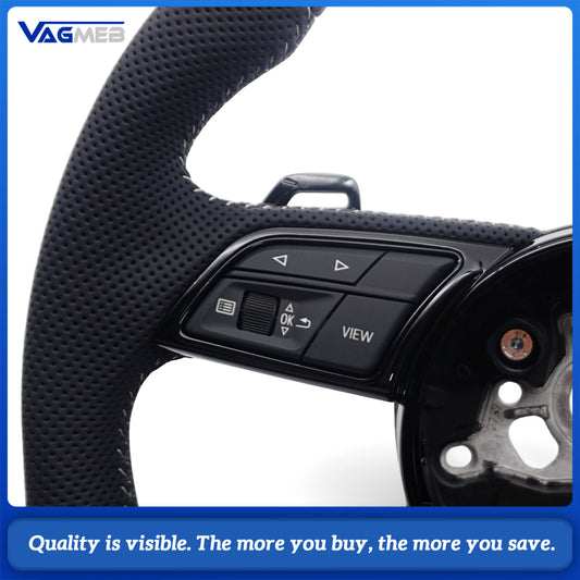 For Audi A4 B9 S-Line Half Perforated Steering Wheel White Stitching Blackened With Buttons Paddle Shifter