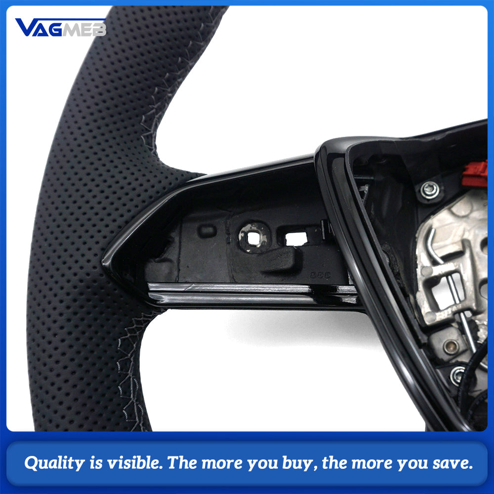 Sport Heated Steering Wheel Half‑Perforated Leather Dark‑Grey Stitching For Audi A6 C8, No Buttons No Shift Paddles