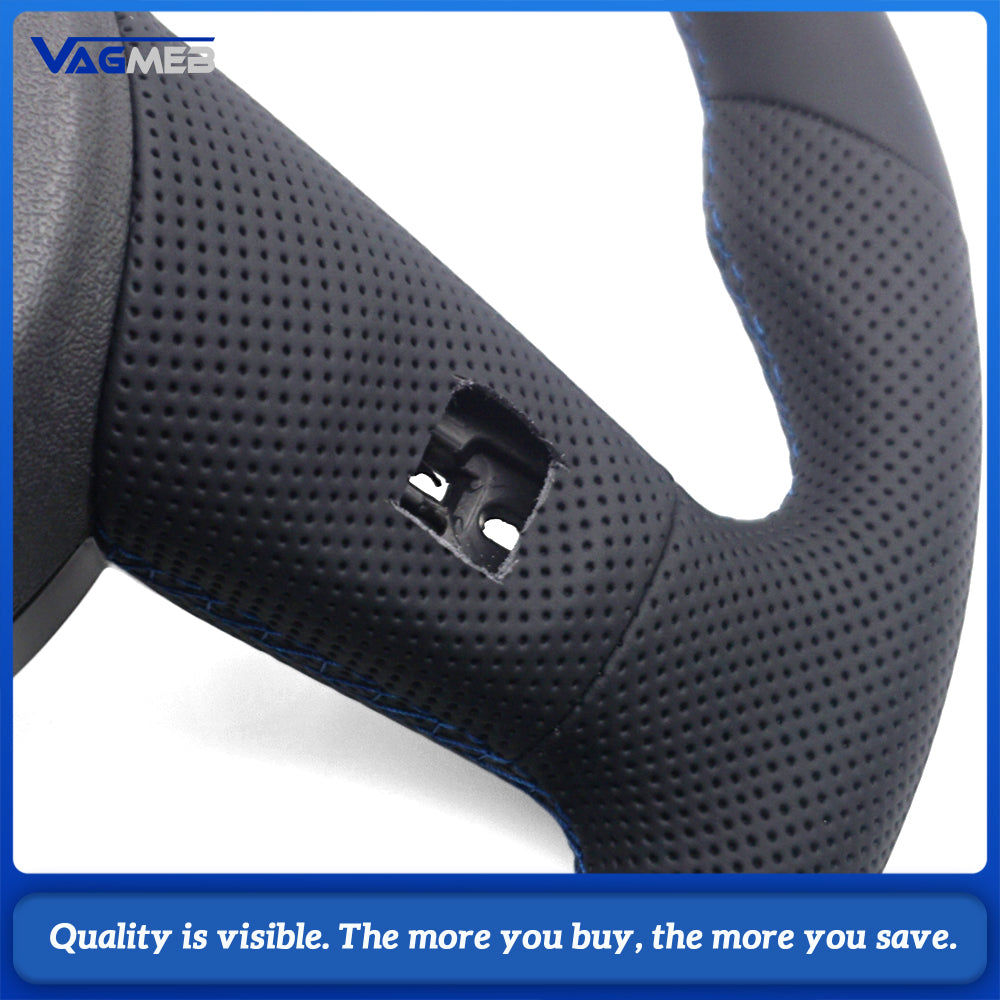 For Audi A4 B9 RS Logo Half Perforated Leather Steering Wheel Blue Stitch Blue Center Marker