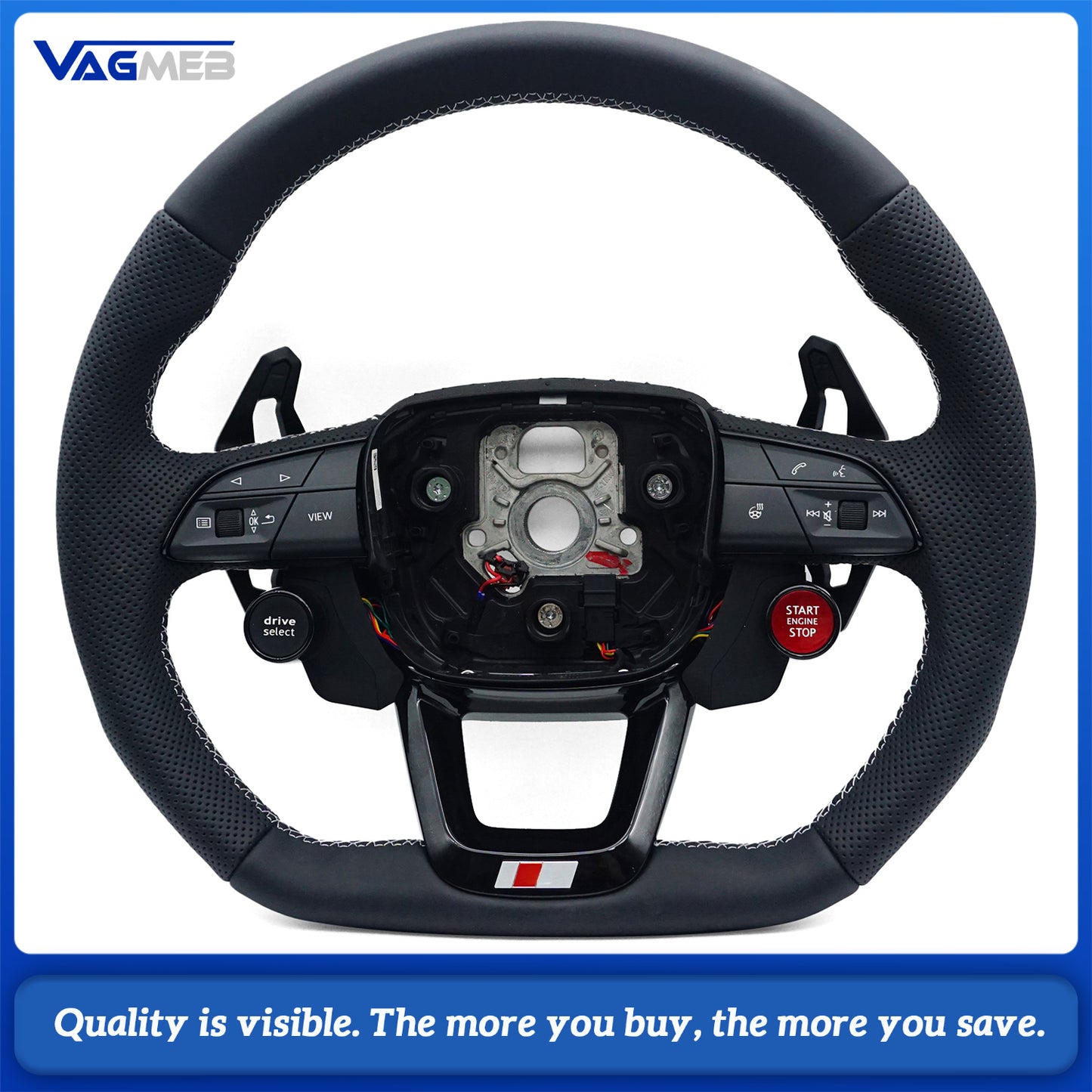 For Audi Q3 Q5 Q7 Q8 RS Q3 RS Q5 Black Leather Perforated Flat Bottomed Steering Wheel With Paddles and Buttons Car Accessories