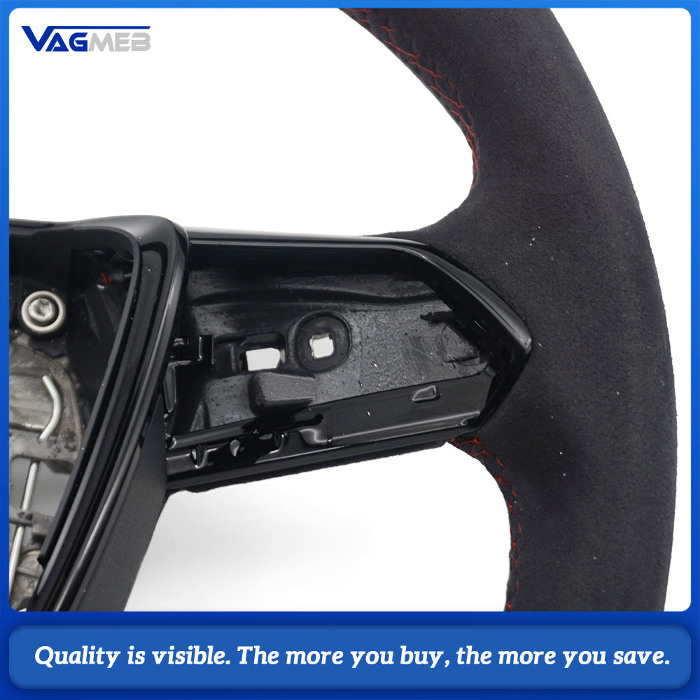 RS Steering Wheel For Audi A6L C8 A7 RS7, Full Alcantara, Black Gloss RS Logo, Red Stitching, Red Center Mark, Flat Bottom