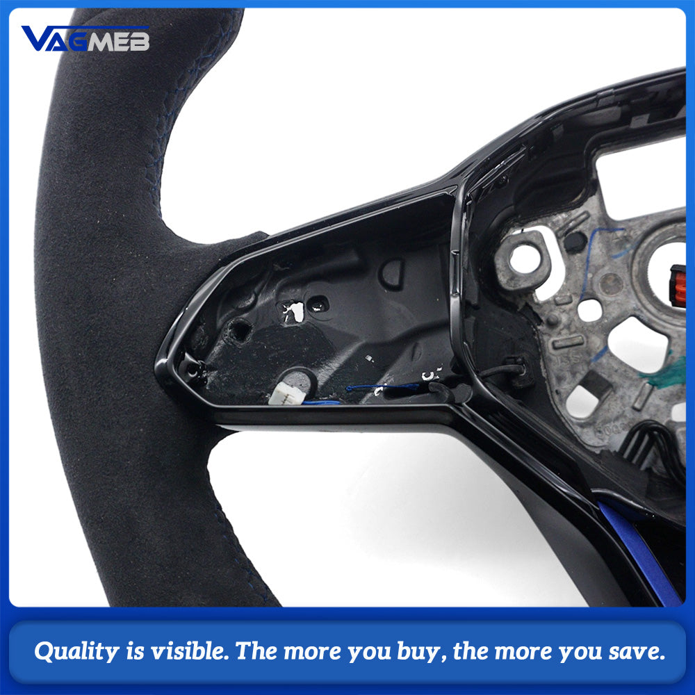 For VW Golf MK8 Full Alcantara Sport Steering Wheel, Blue Contrast Stitching, Blue Position Mark, Car Interior Modification Steering Wheel