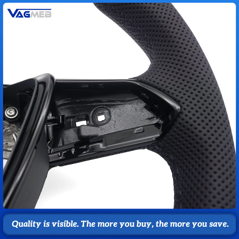 For Audi A6 C8 S Steering Wheel, Half Perforated Leather, Black Stitching, Red Marker, Heated, Flat Bottom