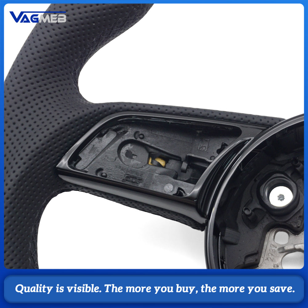 Stylized Shape Semi‑Perforated Steering Wheel Black Stitch Black Centering Marker No Paddle No Buttons For Audi A4 B9 Interior Upgrade