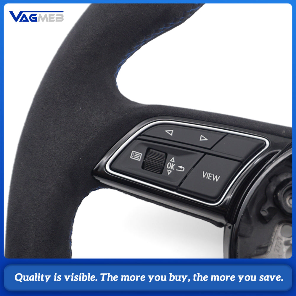 For Audi A4 B9 S Line Carbon Fiber Steering Wheel Half Alcantara Blue Stitch Blue Marker Buttons Airbag Assembly