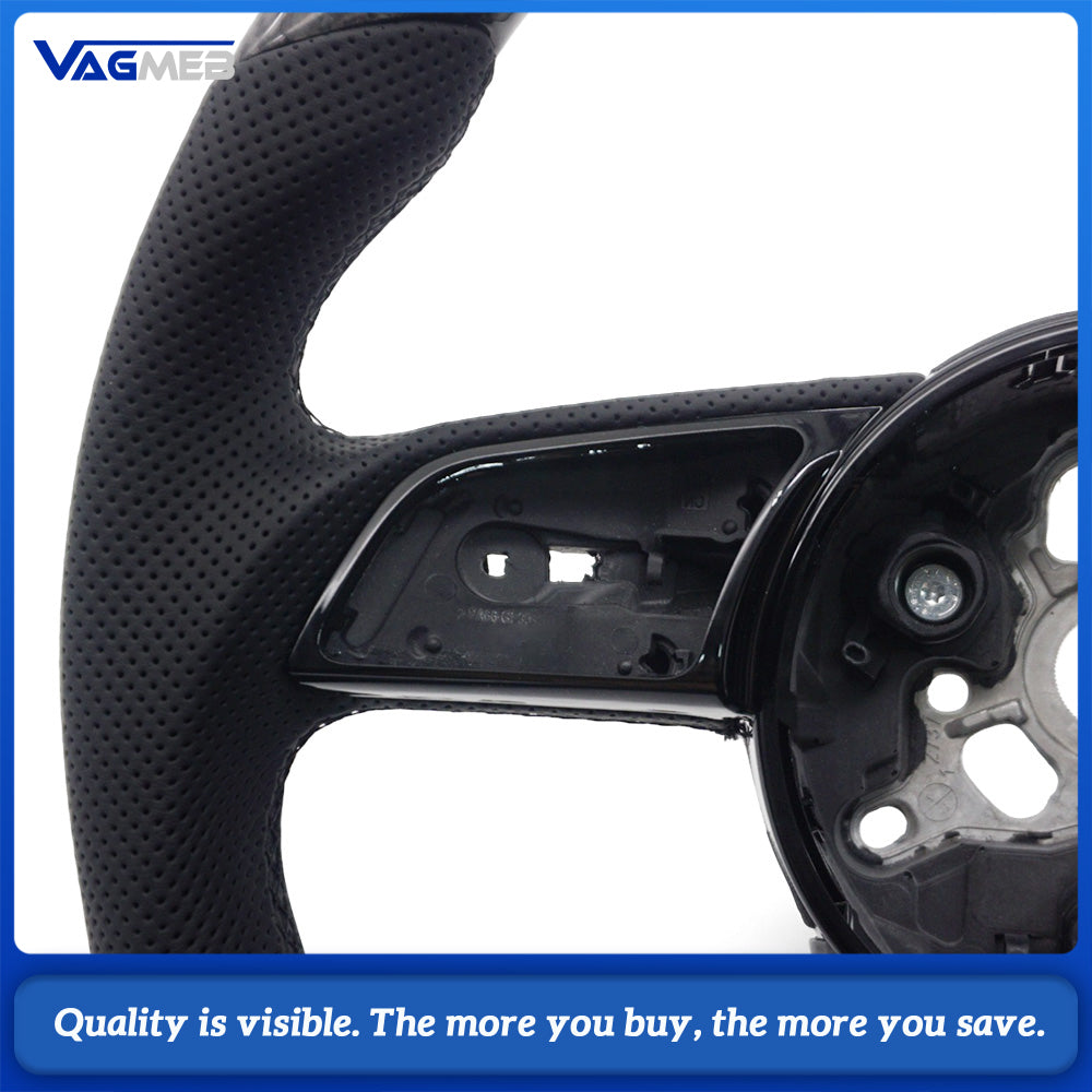 Flat Bottom Gloss Carbon Fiber Steering Wheel Half Perforated Leather Black M Tri-Color Stitch RS Badge 12 O'clock Marker Fit Audi A4 B9 S4 RS4