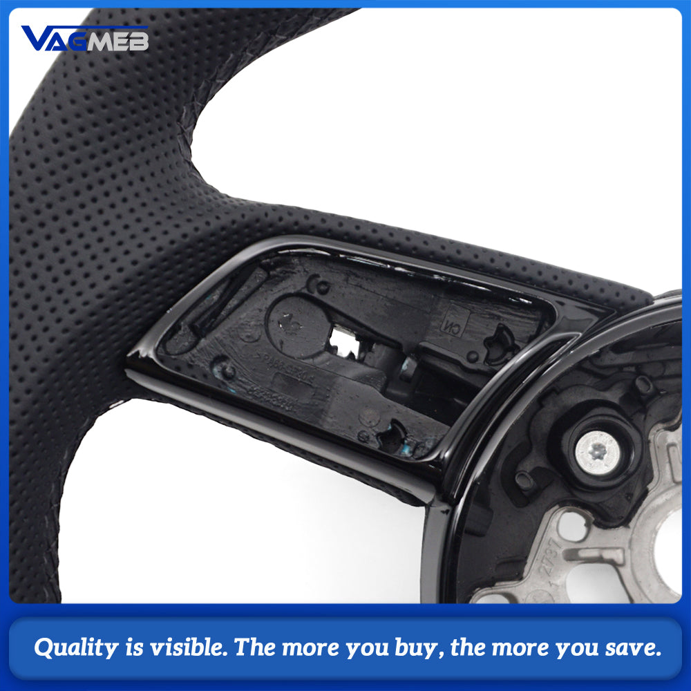 For Audi A4 B9 RS Logo Half Perforated Black Leather Steering Wheel Black Stitch No Paddle No Button