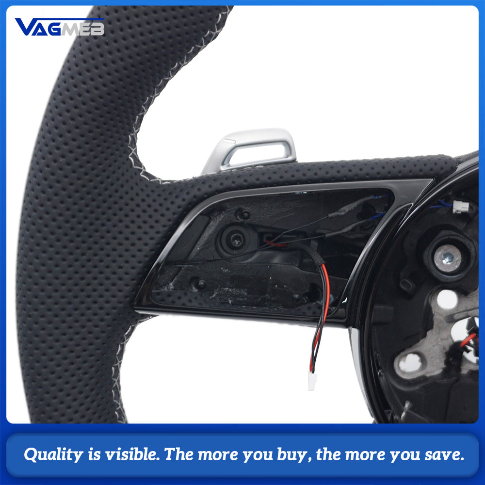 Half Perforated Steering Wheel for Audi A4 B9, White Stitch, Heated, With Paddle Shifters, No Buttons