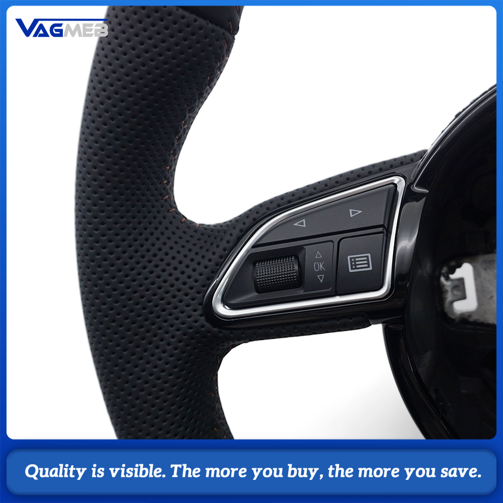 Car Steering Wheel Half Perforated Leather Brown Stitching With Control Buttons Without Paddle Shifters Replacement For Audi A4 B8
