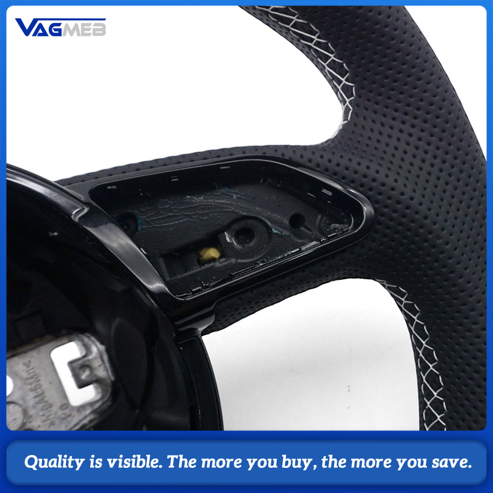 For Audi A4 B8 Shaped Steering Wheel Base, Half Perforated Leather White Stitching Black Centering Marker