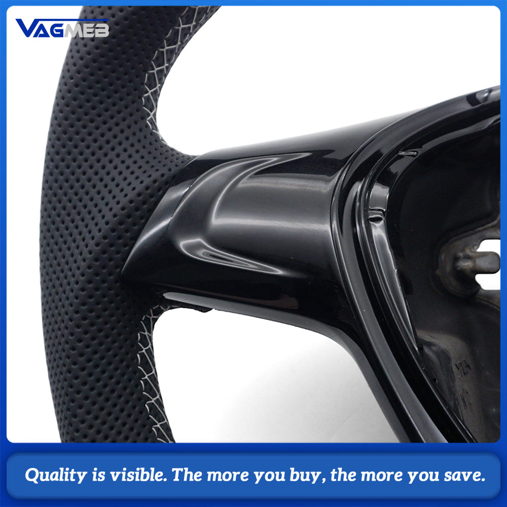 Universal Semi Perforated Leather Car Steering Wheel, White Stitching, Car Interior Sport Modification Steering Wheel For VW T6