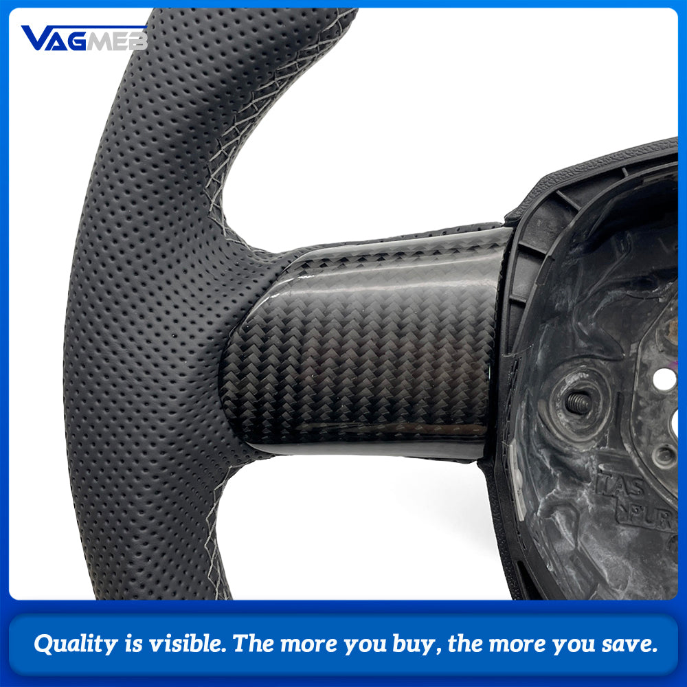 Carbon Fiber Half Perforated Steering Wheel For Audi A4 B7 2005-2008 Gray Stitching Gray Centering Mark Racing Style