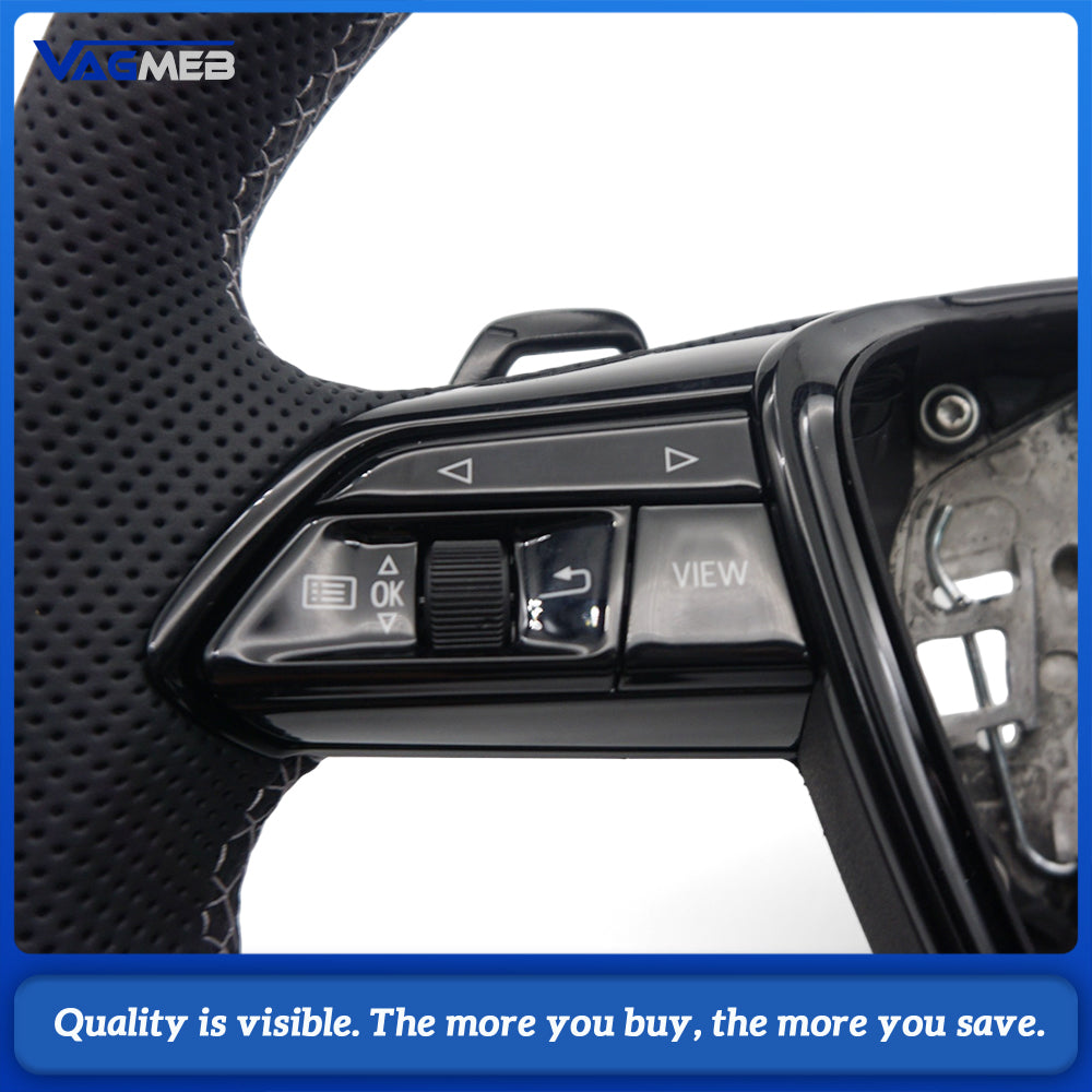 For Audi A6 C8 S Line Heated Steering Wheel Half Perforated Leather White Stitch Flat Bottom Hands Off Decoder