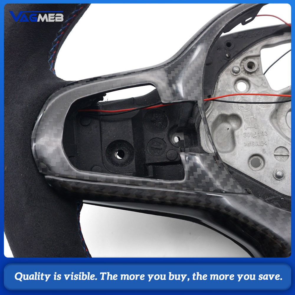 Carbon Fiber Sport Steering Wheel LED Shift Display Semi‑Alcantara Suede M‑Tri‑Color Stitching Tri‑Color Center Mark Full Carbon‑Fiber Button Trim With Steering Wheel Heating For BMW G38