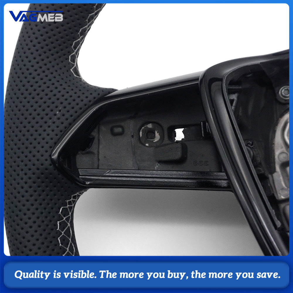 S-Line Steering Wheel For Audi A6 C8 A7 C8, Half Perforated Leather White Stitching, Heated Function, No Shift Paddles, No Multifunction Buttons