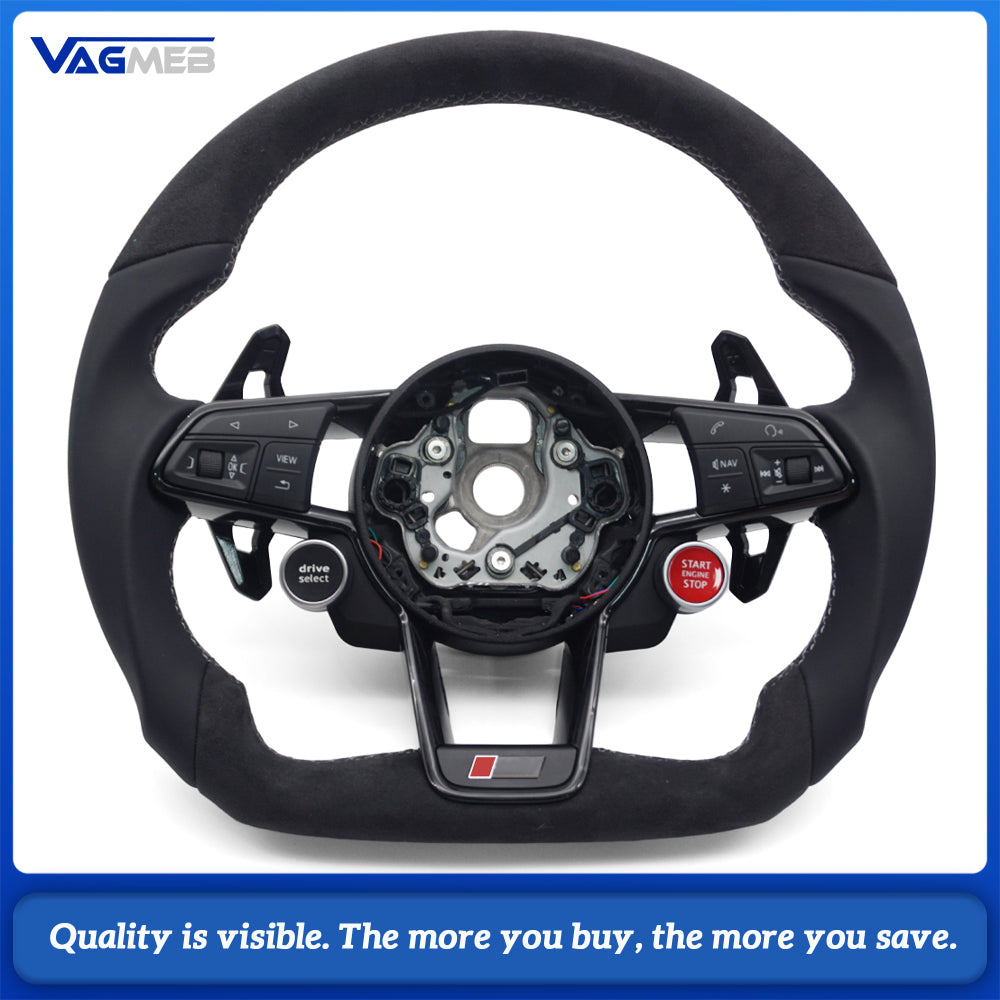 For Audi R8 Flat Bottom RS Steering Wheel Leather+Alcantara Gray Stitch With Buttons Shift Paddles R8 2 Buttons
