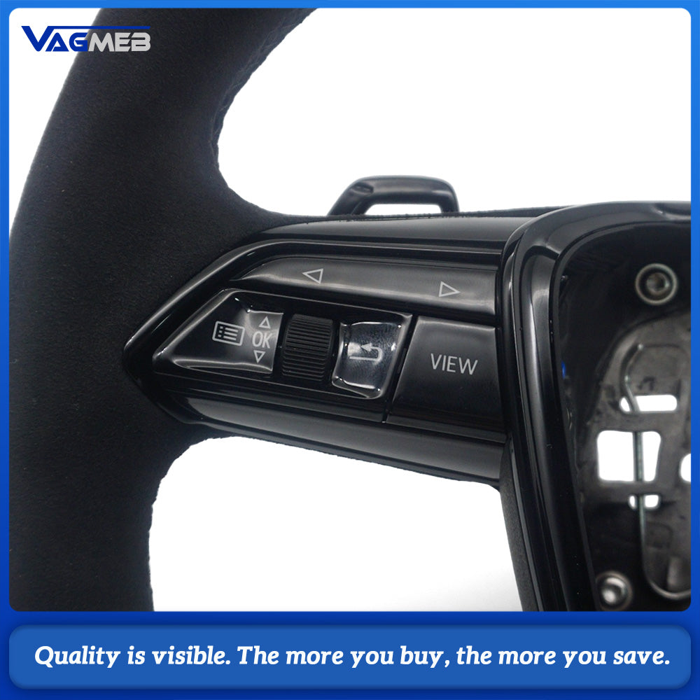Matte Real Carbon Fiber Steering Wheel Half Alcantara Suede Black Stitch RS Badge With Multifunction Buttons Paddle Shifters Heated Fit Audi A6 C8 S6 RS6