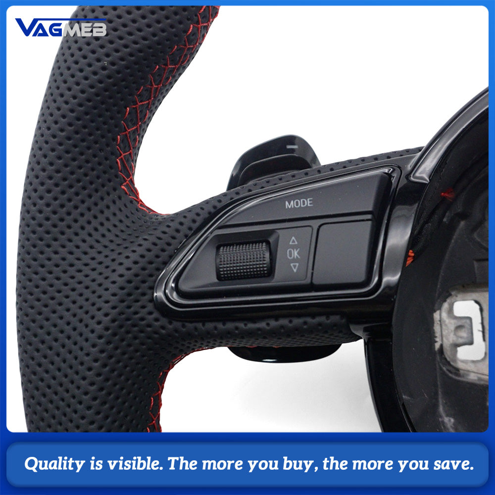 Car Sports Steering Wheel for Audi A4 B8 Carbon Fiber Half Perforated Leather Red Stitching With Multifunction Buttons & Gear Shift Paddles Modification Replacement Part