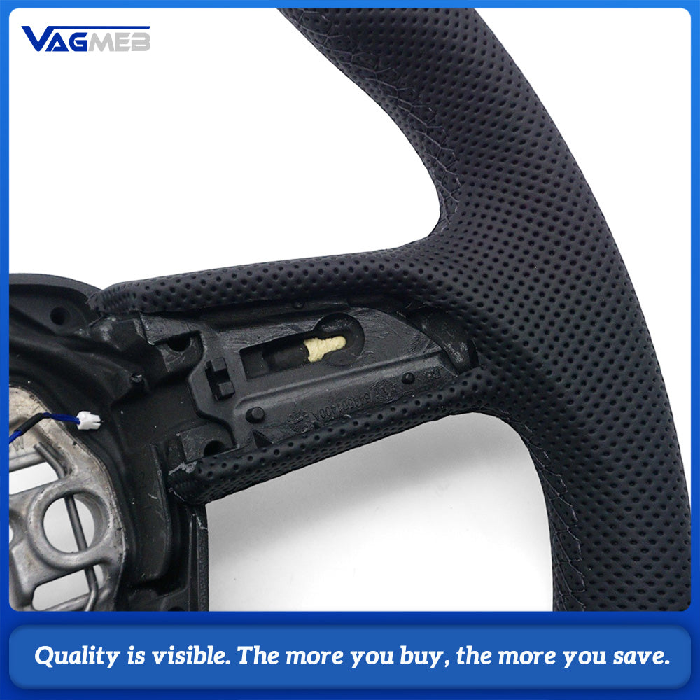 For Audi Q3 Steering Wheel, Half Perforated Leather, Gloss Black Finish, Black Stitching, Heated Function, Without Buttons & Paddle Shifters