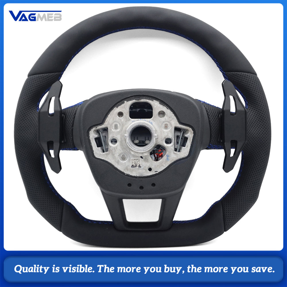 RS Logo Half Perforated Leather Steering Wheel Blue Stitch For Audi A6 C8 A7 S6 RS6