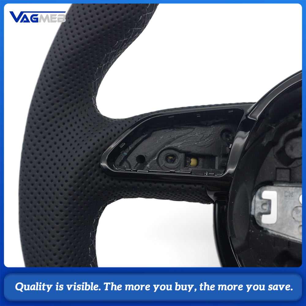 Flat Bottom Half Perforated Leather Steering Wheel Gray Stitch Black 12 O'clock Marker S Badge For Audi A4 B8 S4