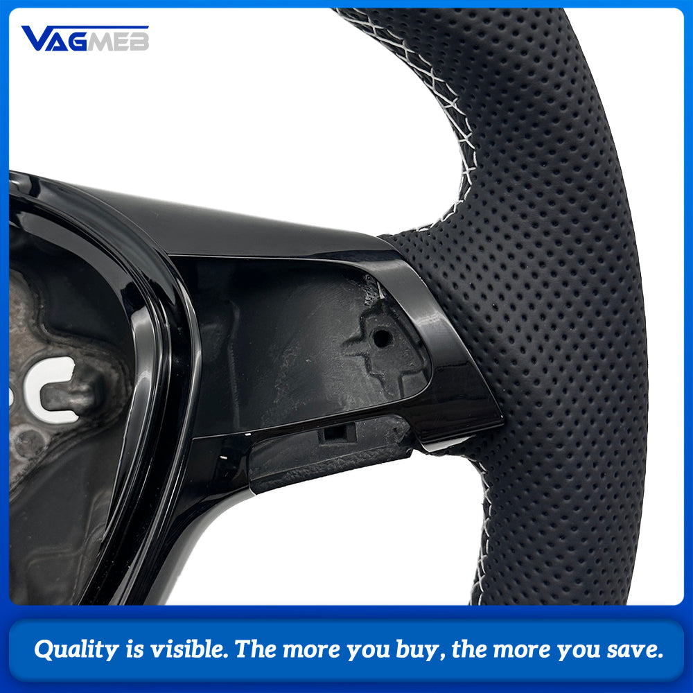 Car Sport Steering Wheel Base Fit For VW Multivan T6, Half Perforated Leather, White Stitch, Comes with Gloss Black Decorative Button Frame