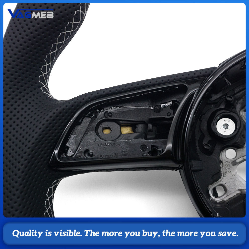 Sport Steering Wheel Semi‑Perforated Leather White Contrast Stitching White Center Mark No Paddle Shifters Buttons Not Included For Audi A4 B9