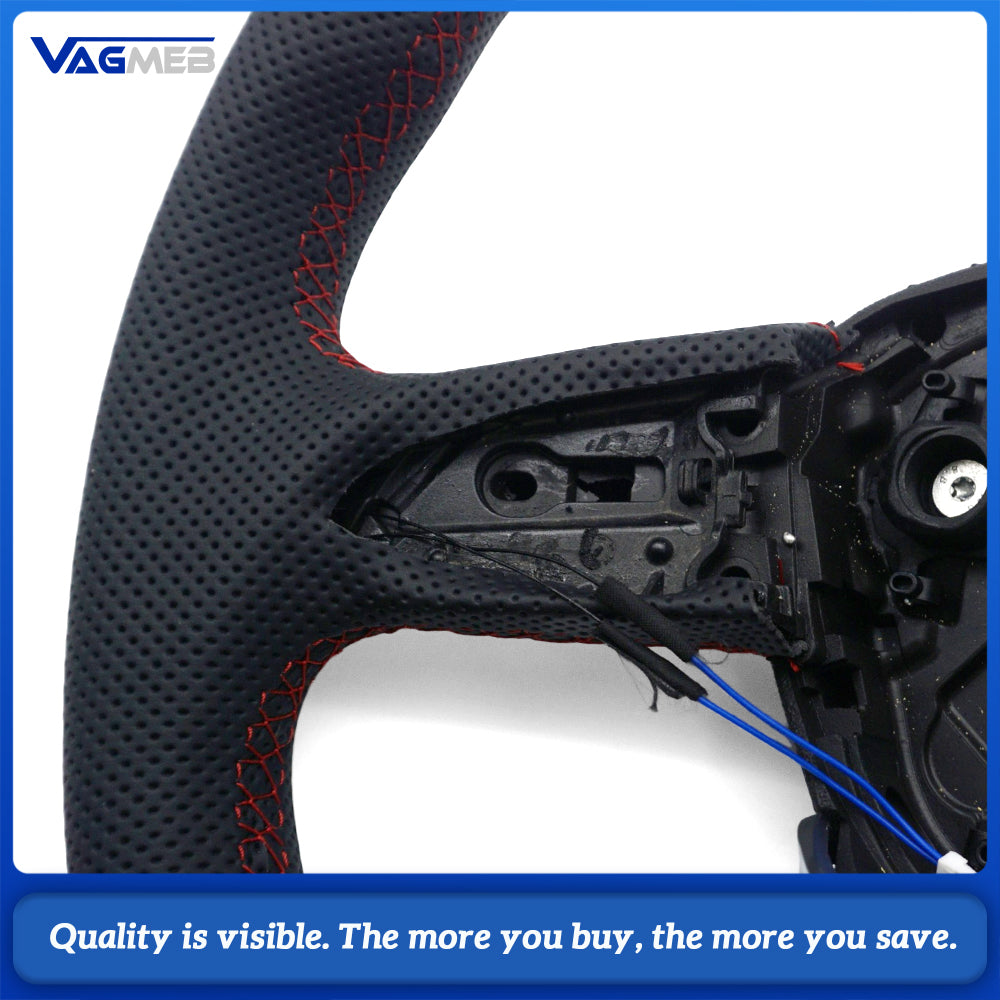 Heated Sport Steering Wheel Half‑Perforated Leather Red Stitching For Audi Q5FY, No Buttons No Shift Paddles