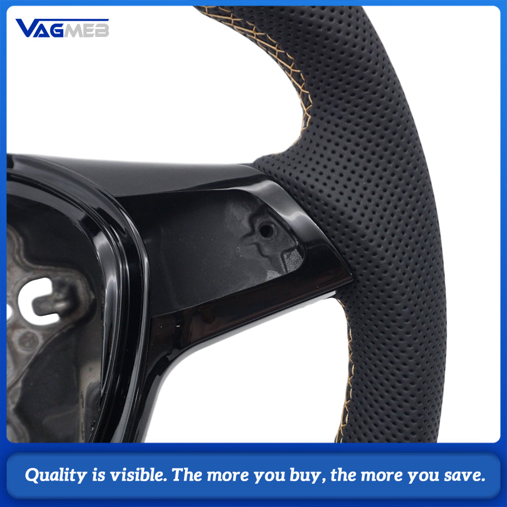 Car Steering Wheel Half Perforated Leather Brown Stitching With Trim Frame Without Control Buttons Replacement For VW T6 Transporter
