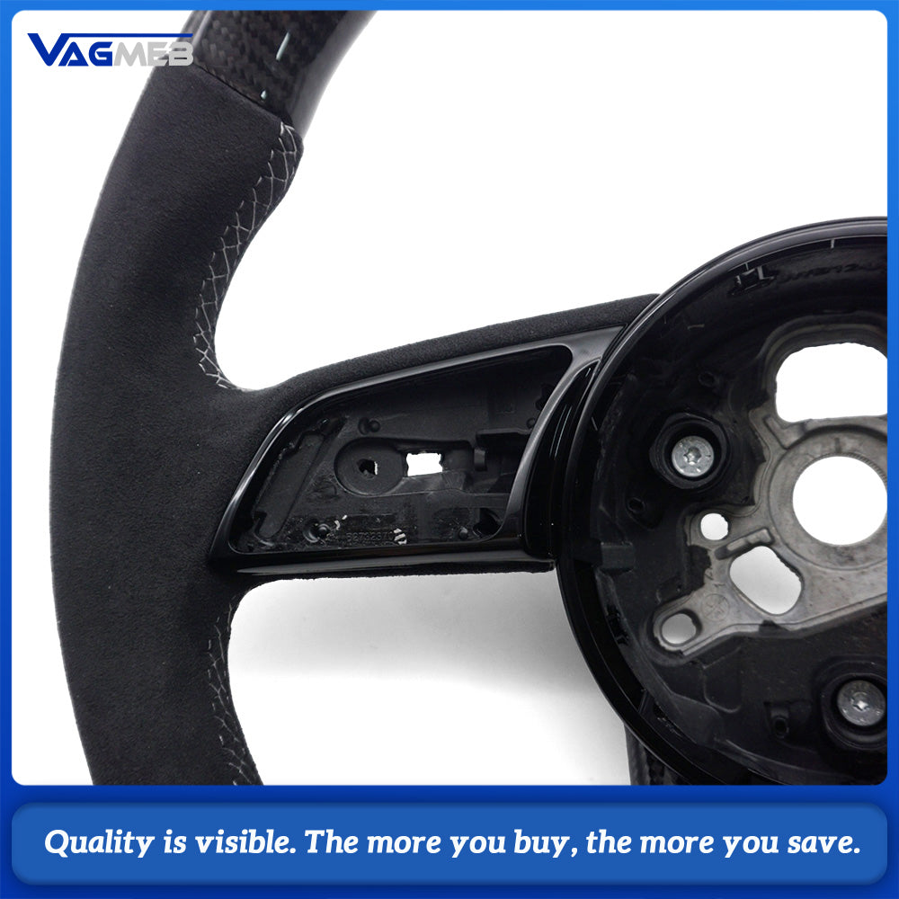 Modified Steering Wheel For Audi A4 B9, Semi Alcantara & Carbon Fiber, White Stitch, Blue Top Marker, RS Emblem