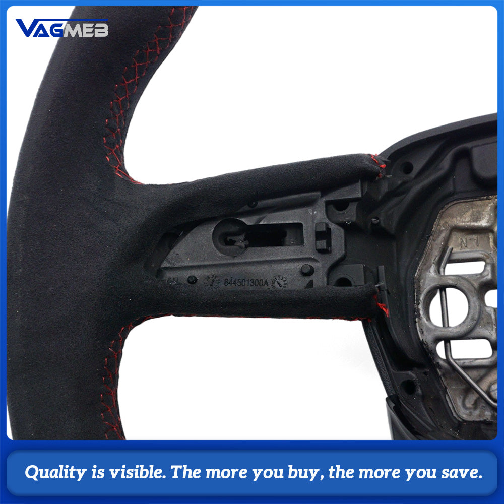 For Audi Q3 Steering Wheel, Gloss Black Finish, Full Alcantara, Red Stitching, Red Return Marker, Without Buttons and Paddle Shifters