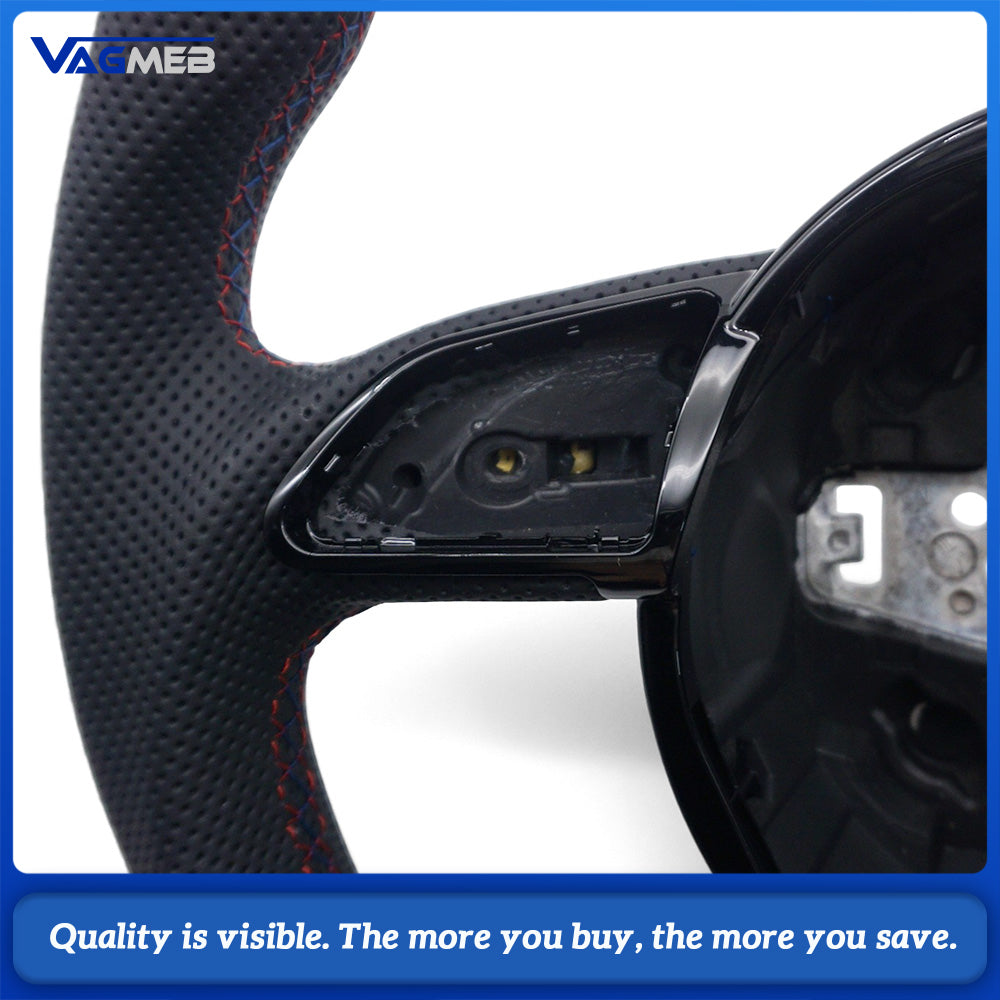 Semi‑Perforated Leather Steering Wheel Red‑Blue Stitching Black Center Mark Sculpted Flat‑Bottom No Paddle Shifters Buttons Not Included For Audi A4 B8
