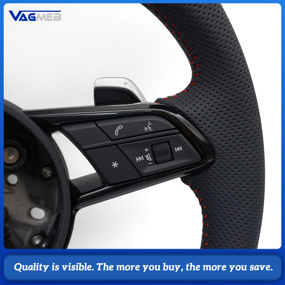 R8 Flat Bottom S-line Steering Wheel Half Perforated Red Stitch With Buttons Shift Paddles For Audi