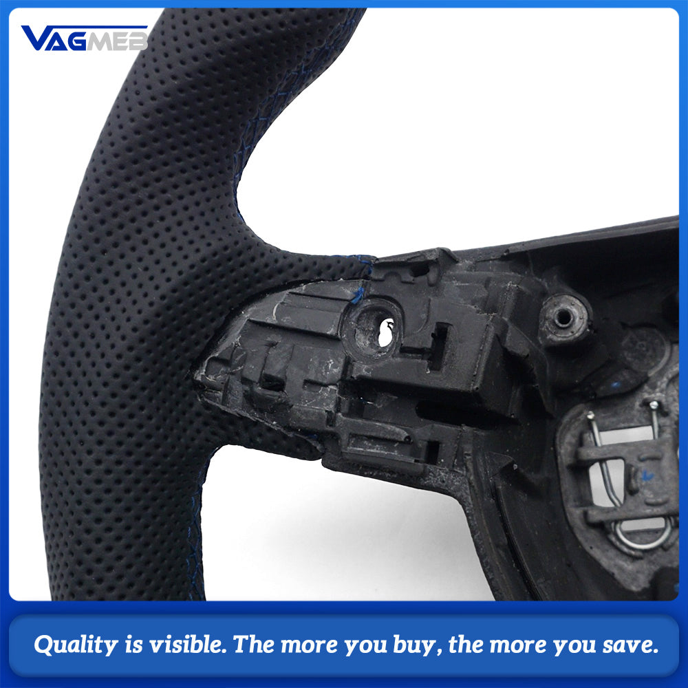Sport Steering Wheel Semi‑Perforated Leather Blue Contrast Stitching Blue Center Mark Buttons Not Included For VW Passat B7 Interior Retrofit Upgrade