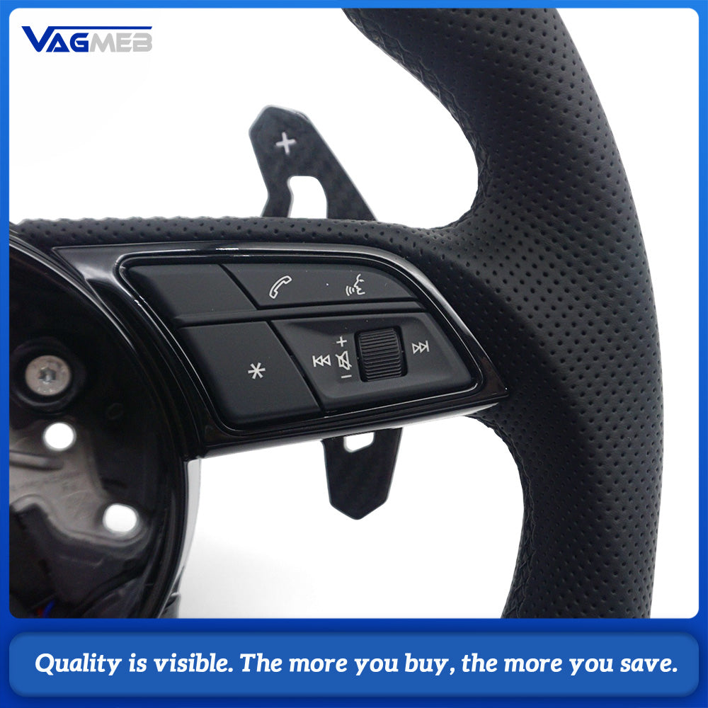 Flat Bottom RS Sport Steering Wheel Fit Audi A4 B9 OEM Bare Core Half Perforated Black Stitch Complete Carbon Paddles Button Trim HOD Decoder Included