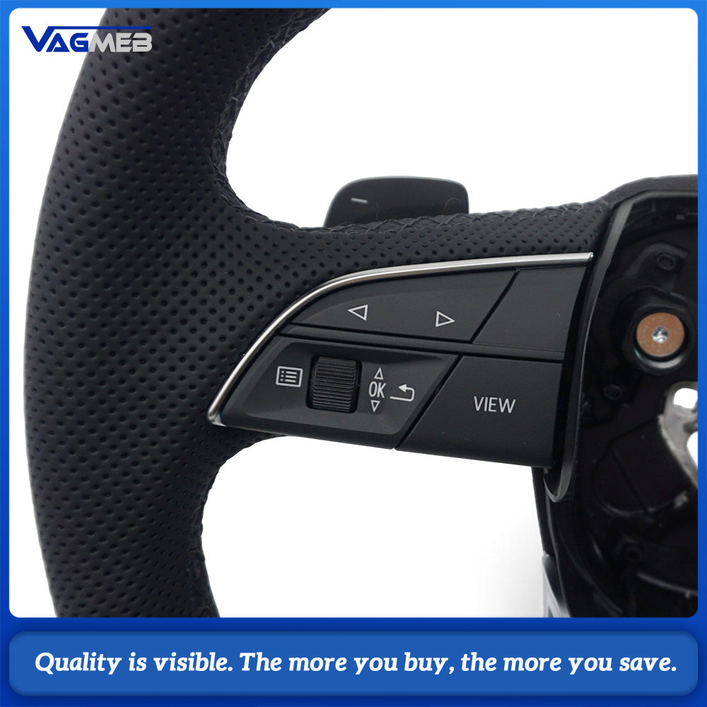 Flat Bottom Half Perforated Leather Steering Wheel Black Stitch S Badge With Multifunction Buttons Mini Paddle Shifters Heating For Audi Q5L FY SQ5