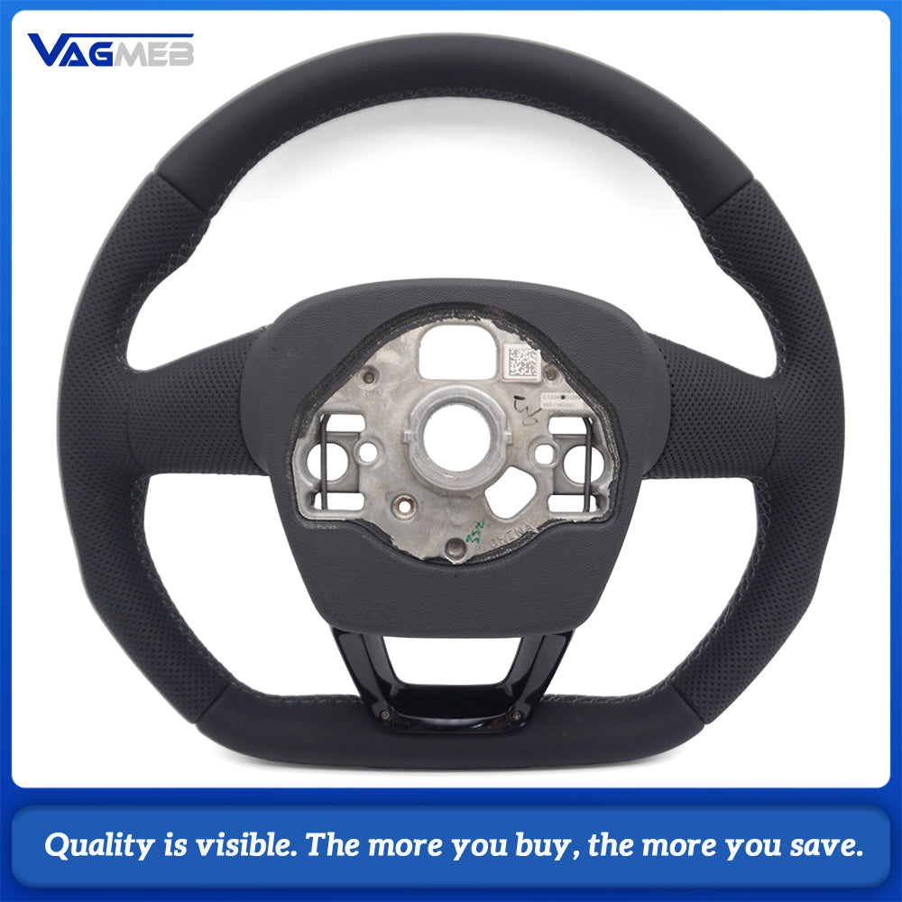 S Line Steering Wheel For Audi Q3 F3 2019-2026, Half Perforated Leather, White Stitching, No Buttons, With Paddle Shifters, With Hands-Off Module, No Airbag