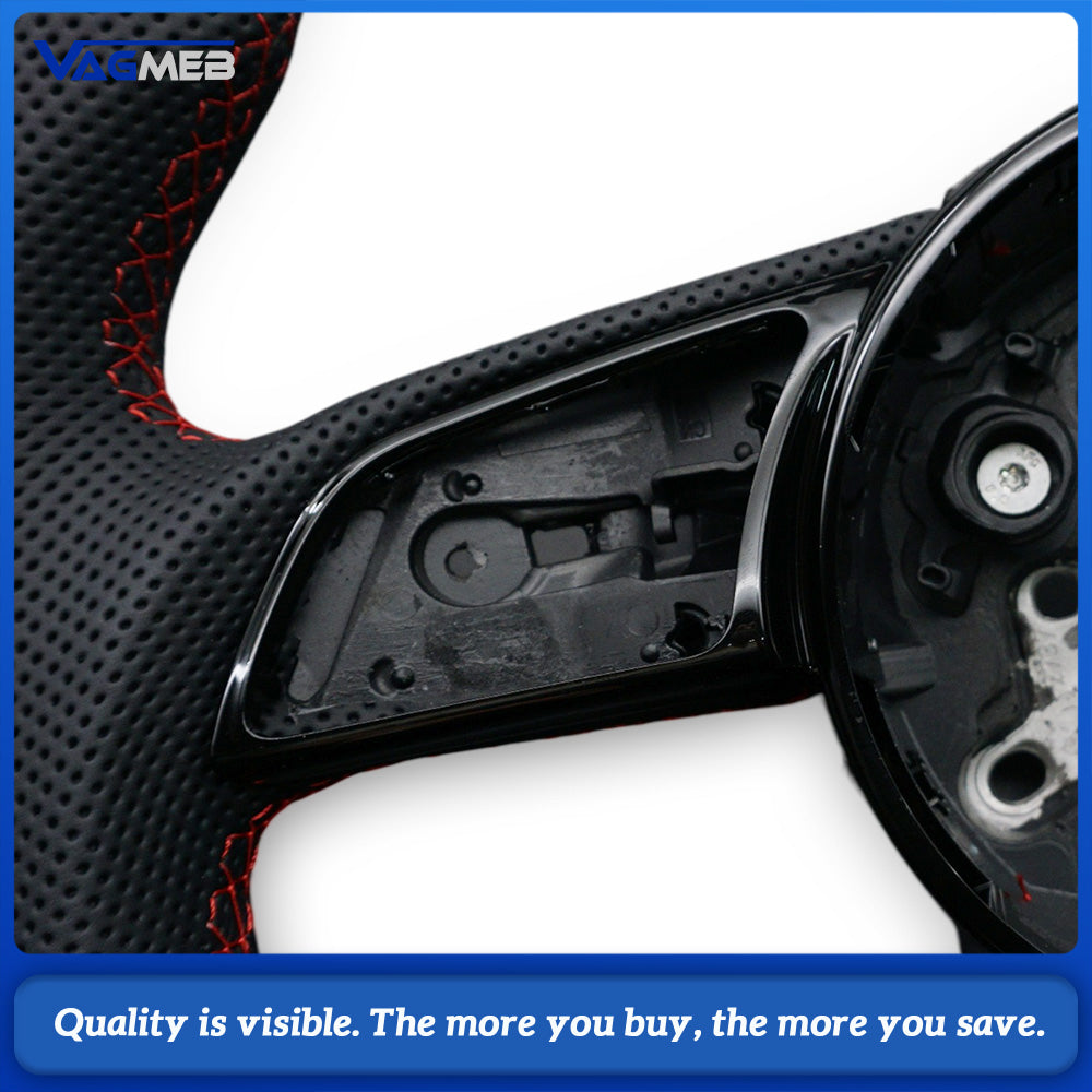 For Audi A4 B9 Steering Wheel, Top & Bottom Alcantara, Side Perforated Leather, Red Stitching, Red Center Marker, Contoured Design, Without Airbag