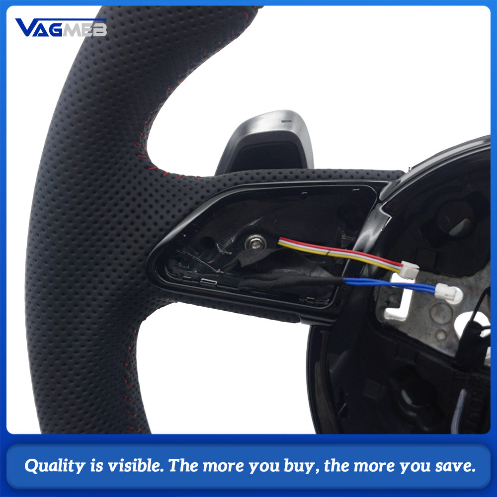 For Audi A4 B8 S-Line Sport Steering Wheel Heated Function Half Perforated Red Contrast Stitch Chrome Paddle Shifters No Buttons