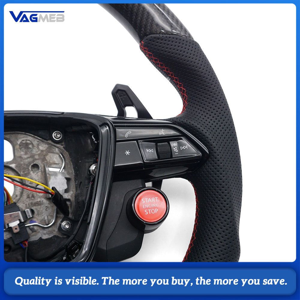 Carbon Fiber Half Perforated Steering Wheel, Gloss Black Trim, Red Stitch, Red Center Marker, R8 Buttons, Heating & Hands Off Detection, With Paddle Shifters & Multifunction Keys for Audi A6 C8