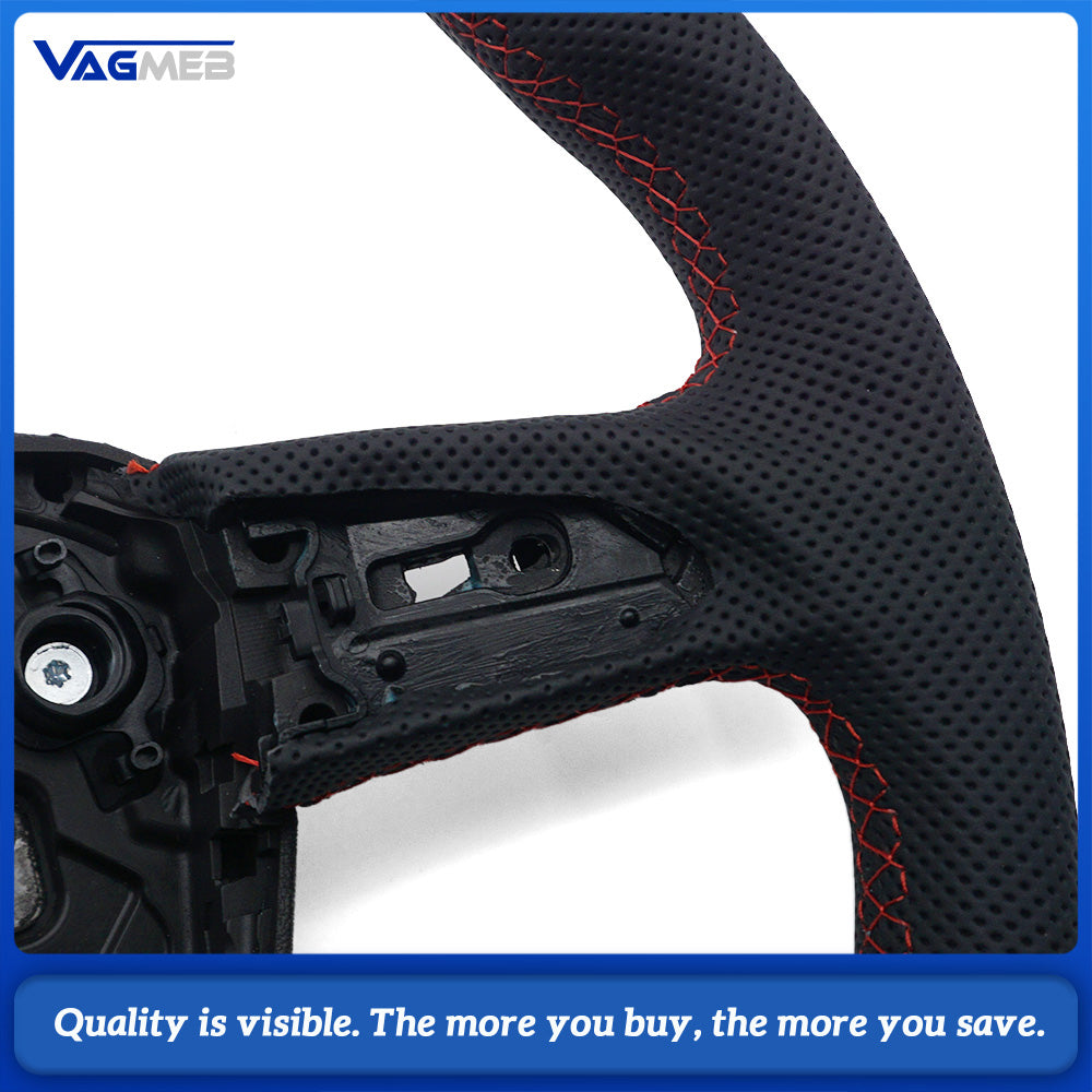 For Audi Q5FY Gloss Black Half Perforated Leather Steering Wheel, Red Stitching Steering Wheel Without Shift Paddles and Buttons