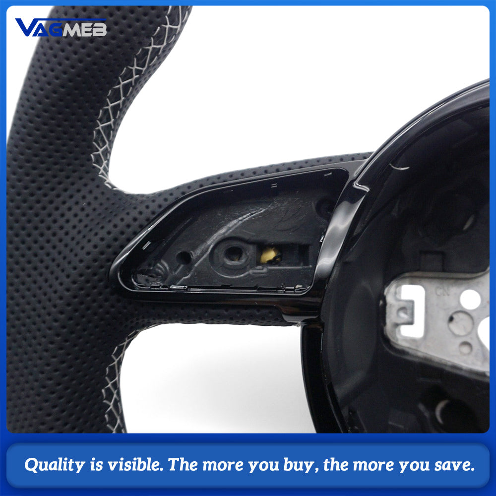 Audi A4 B8 Ergonomic Sculpted D-shaped Steering Wheel Half Punch Leather Black 12 O’clock Top Mark OEM Hub Base