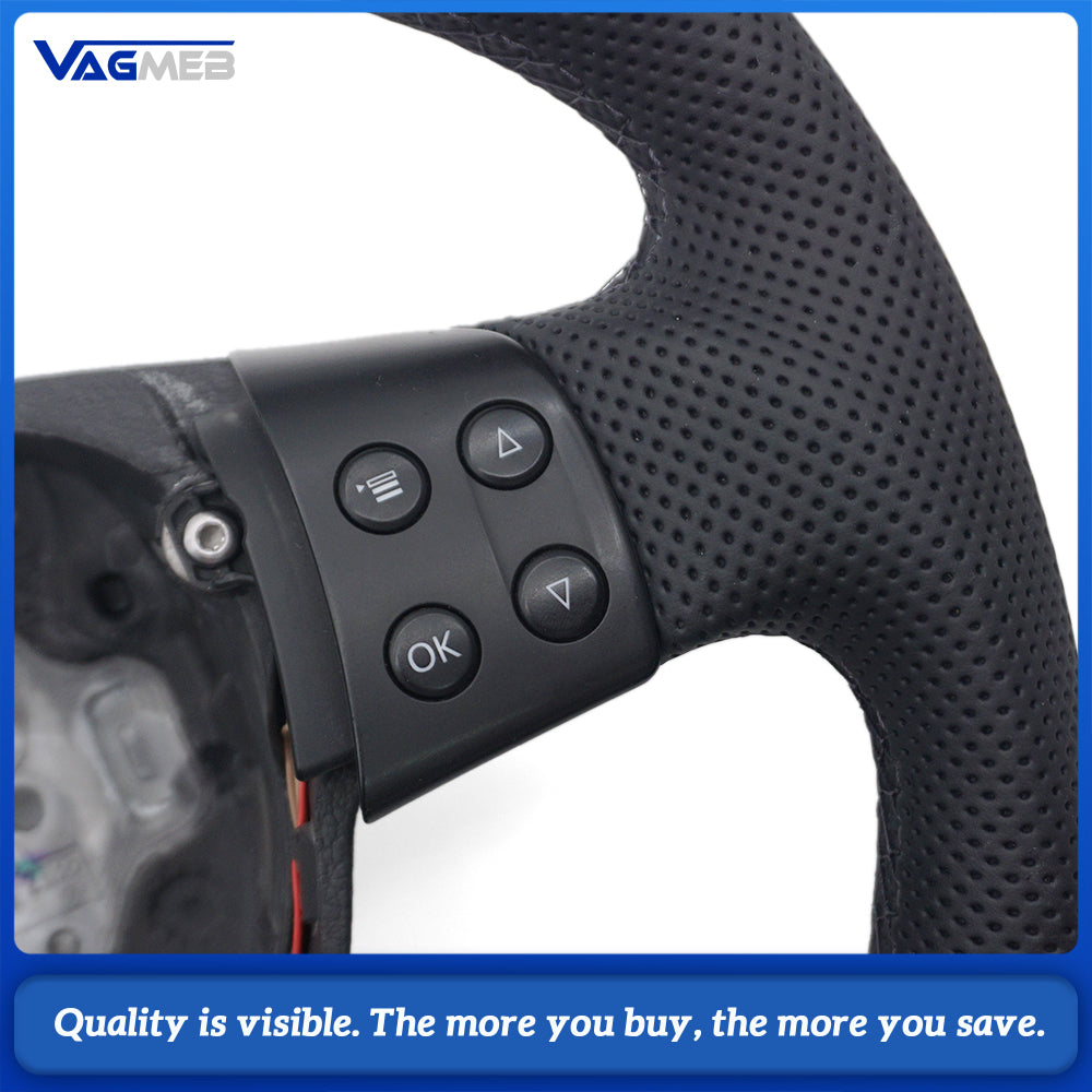 VW Golf MK5 Semi Perforated Leather Steering Wheel, Black Stitching With Control Buttons, Without Shift Paddles Retrofit Replacement