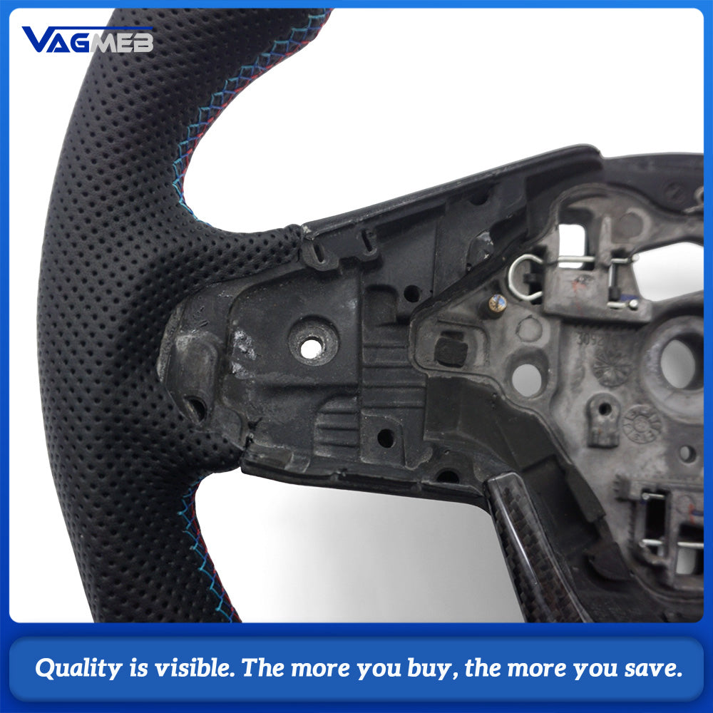 Custom Racing Flat Base Steering Wheel Carbon Fiber & Half Perforated Leather Blue Contrast Stitching For BMW X1 E84 F48