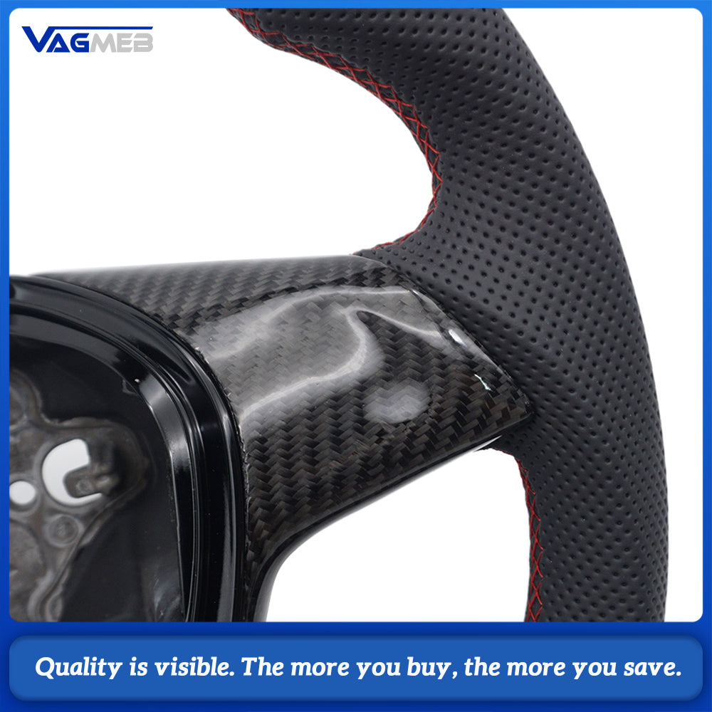 Car Carbon Fiber Half Perforated Leather Steering Wheel Red Stitch Red Centering Marker With Solid Carbon Fiber Button Frame For VW T6