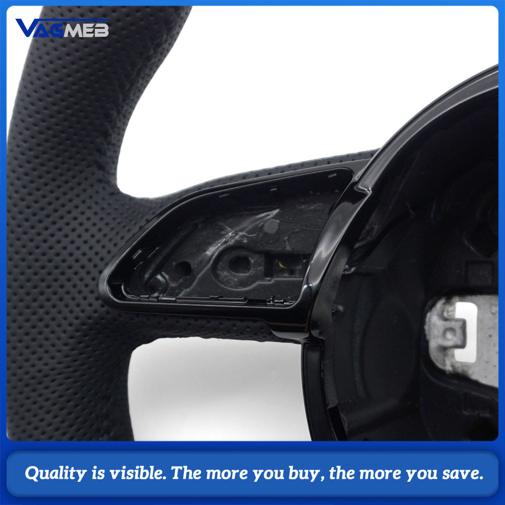 Sport Steering Wheel Replacement For Audi A4 B8, Semi-Perforated Black Leather, Black Stitch, RS Badge, Without Paddles & Multifunction Buttons