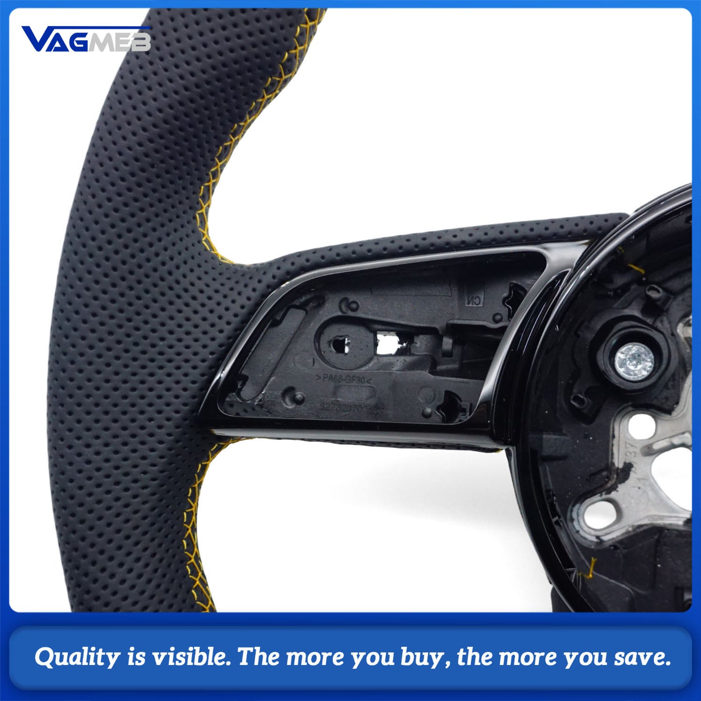 Semi - Perforated Leather Steering Wheel  Yellow Stitching & Centering Mark