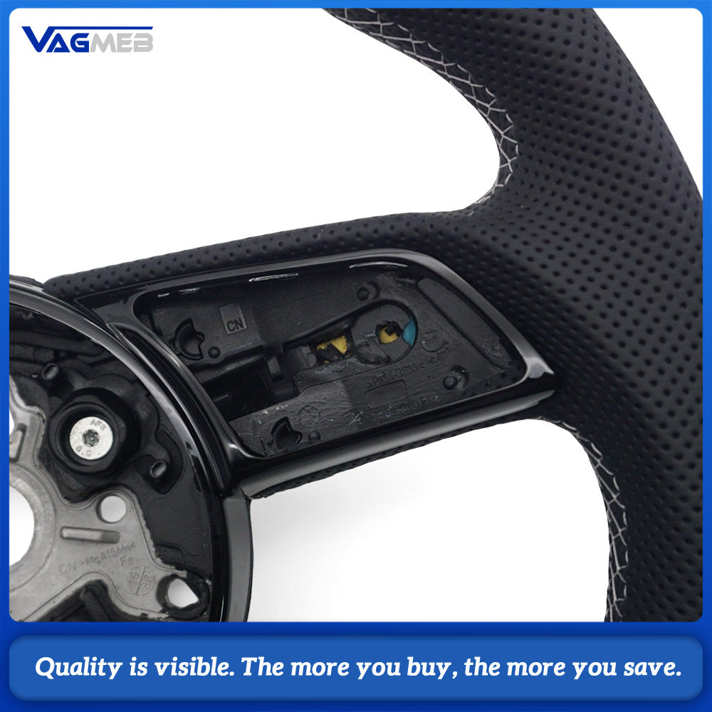 For Audi A4 B9 S Style Steering Wheel Half Punch Leather White Contrast Stitch Without Control Buttons