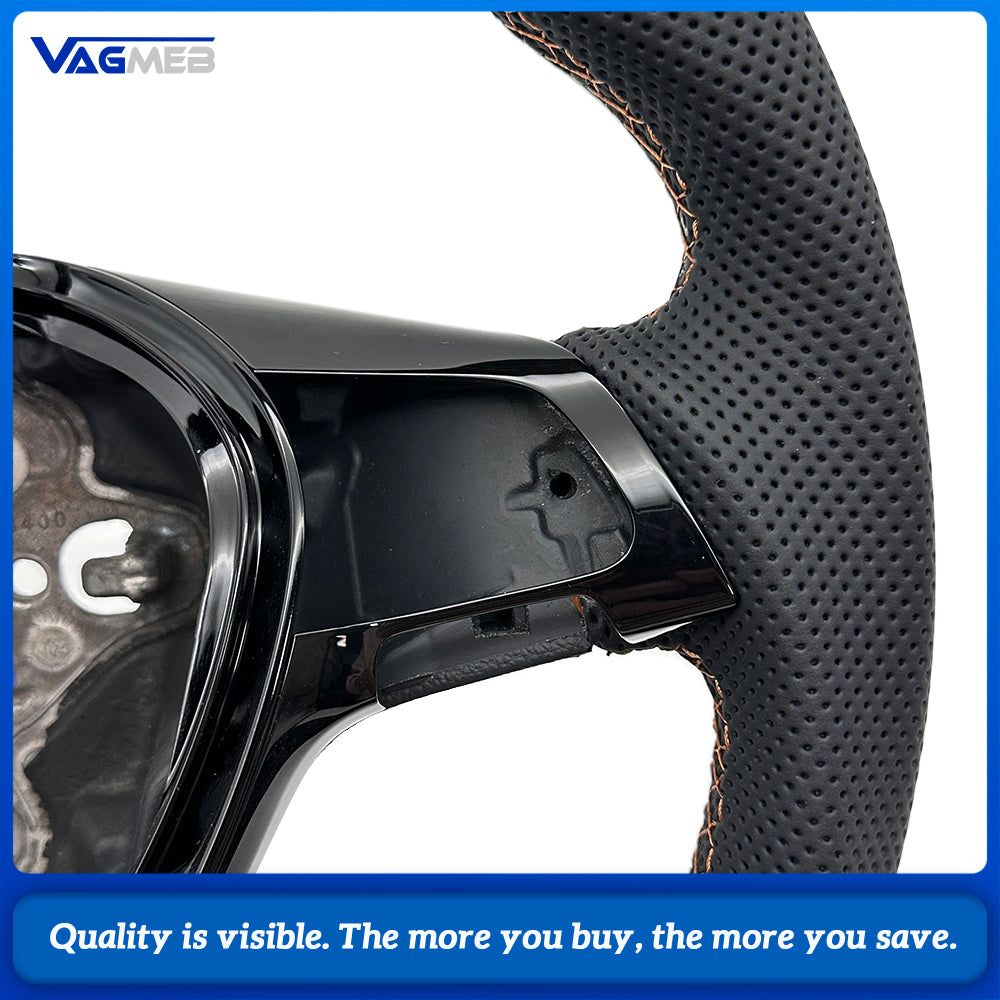 Car Sport Steering Wheel Fit For Multivan T6, Half Perforated Leather, Brown Stitch, Equipped with Gloss Painted Decorative Frame