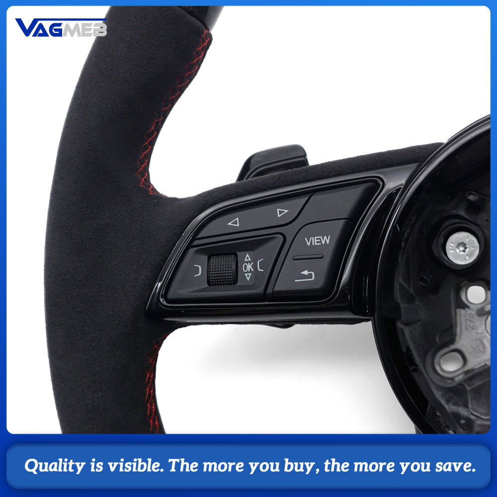 Carbon Fiber Semi‑Alcantara Suede Sport Steering Wheel Red Contrast Stitching Red Center Mark Chrome Paddle Shifters Buttons Not Included For Audi A4 B9